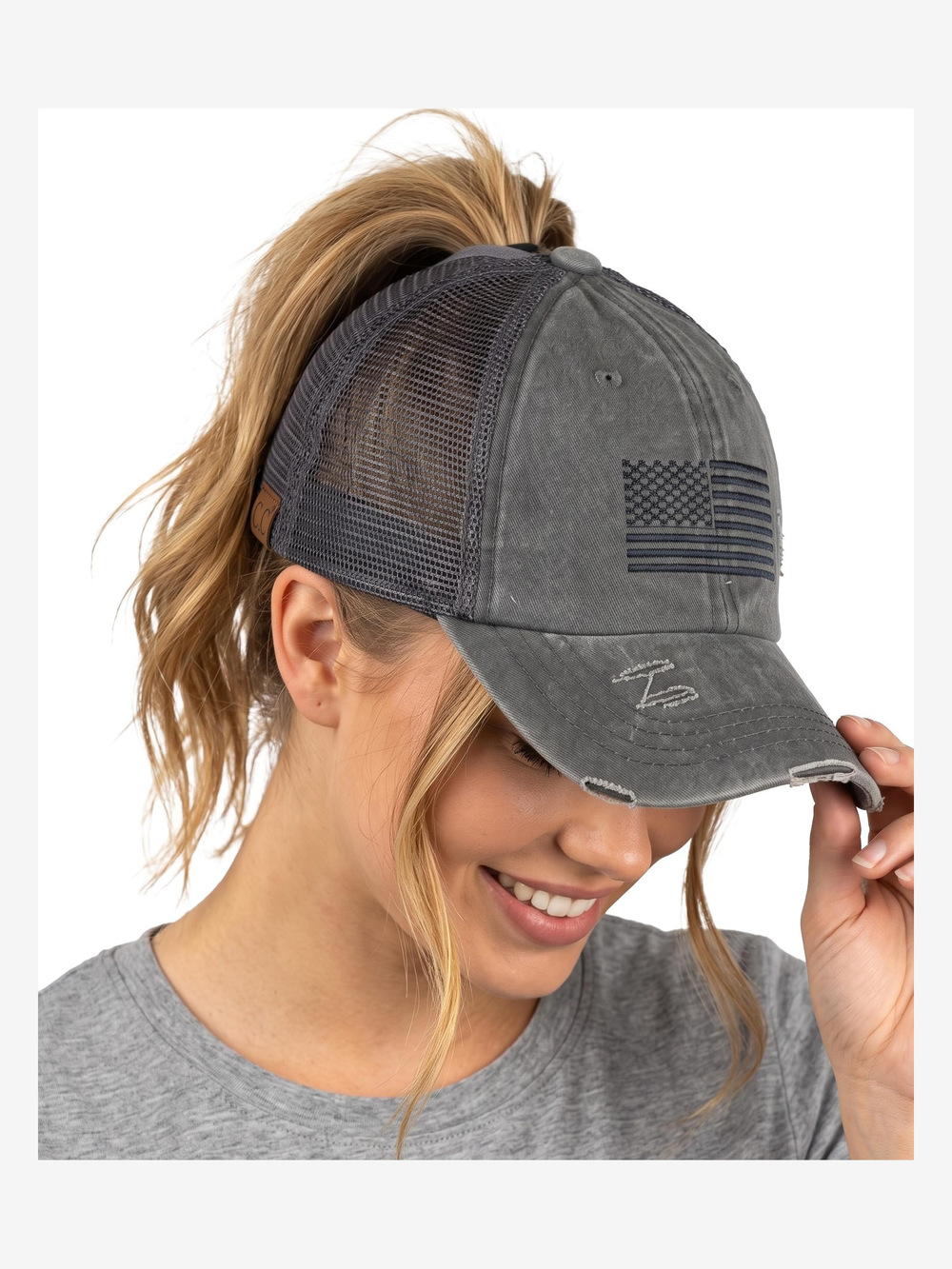 Criss Cross Ponytail Cap, Messy Bun Distressed | American Flag, Gray | Size OS